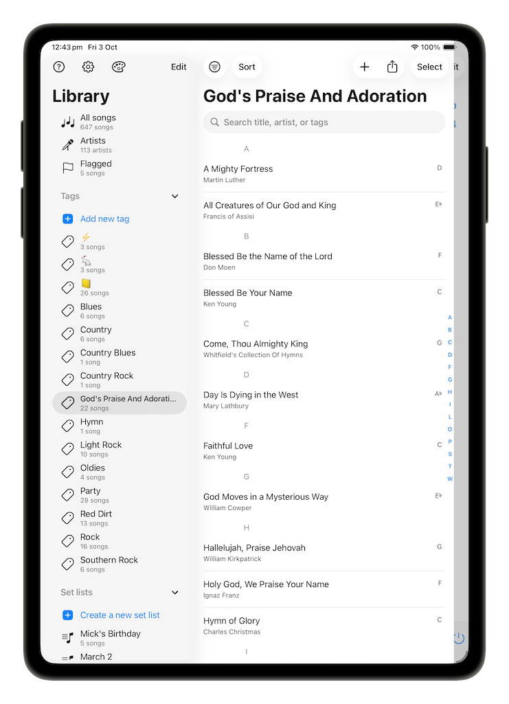 SongSheet Pro tags menu